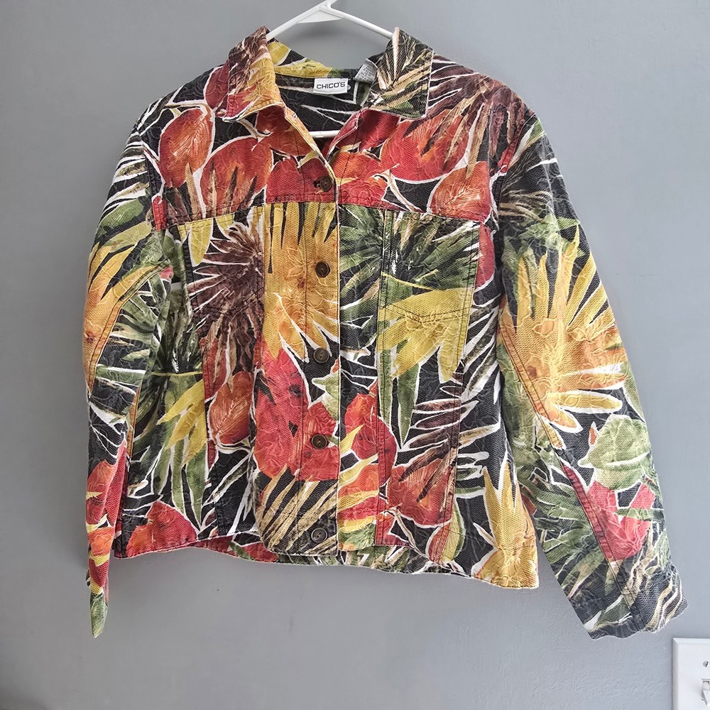 Chicos‎ Tropical Botanical Print Cotton Denim Style Jacket Size 2 Large Colorful